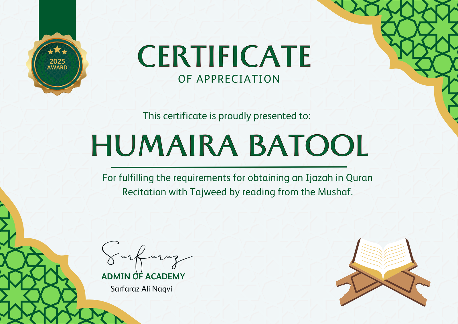 Quran with Tajweed certificate